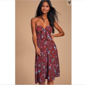 Ava Burgundy Floral Strapless Midi Dress Lulu's